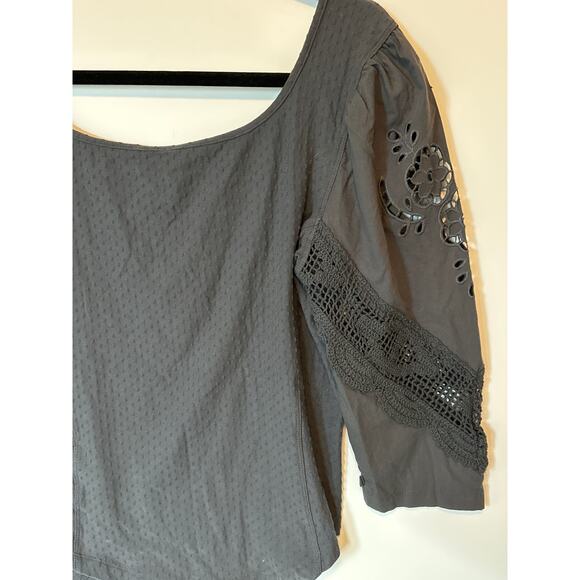 Free People Brunch Date Top Henley Metal Stiletto L Gray Boho Lace Cottagecore - Picture 11 of 14